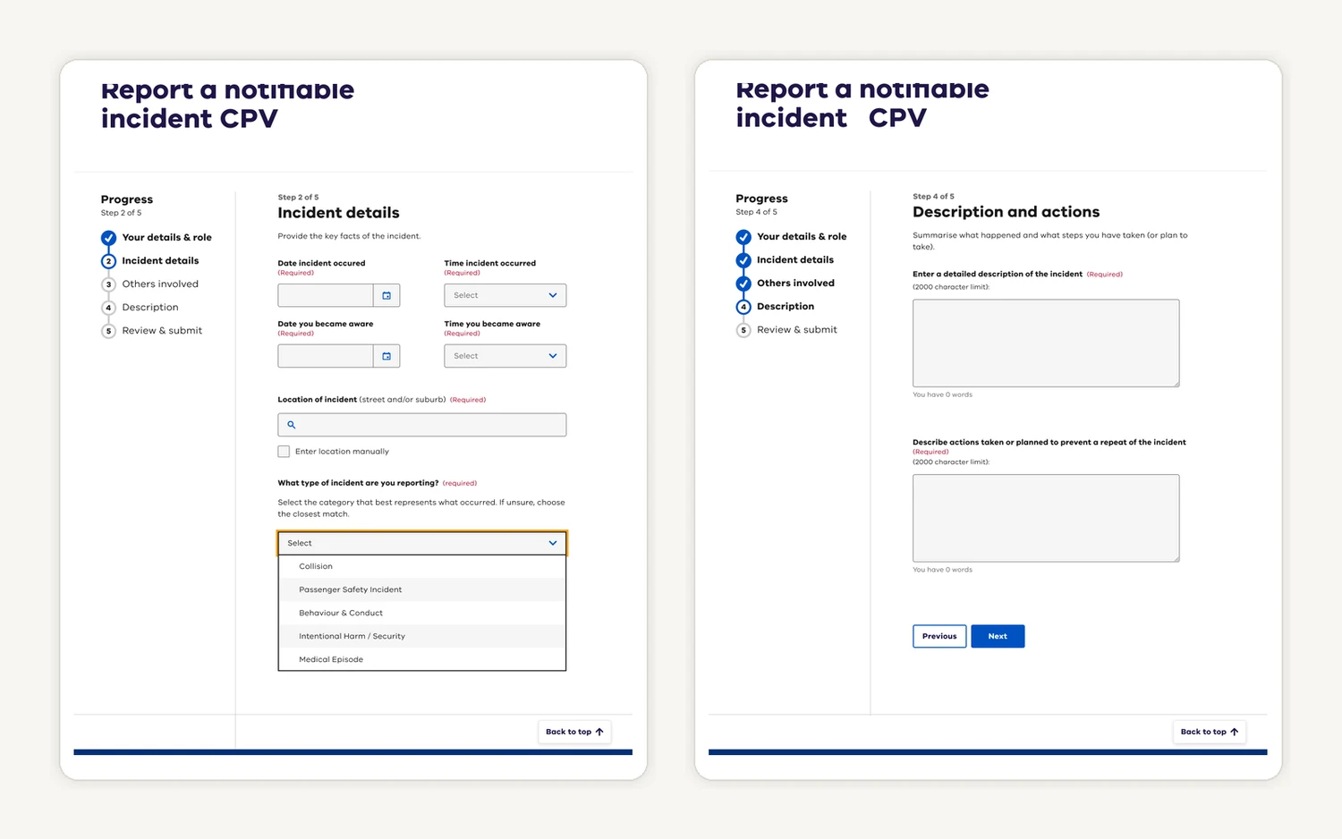 Notifiable incident reporting experience